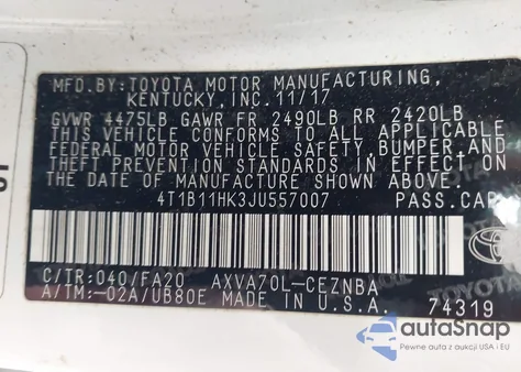 2018 Toyota Camry Le из США, поврежденный, VIN 4T1B11HK3JU557007